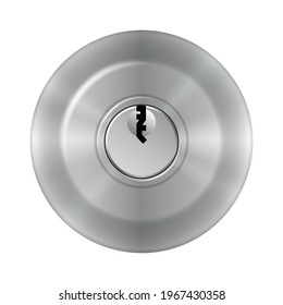Icon with keyhole, realistic key hole button template with metal chrome texture for user interface, application and app. 3d vector illustration