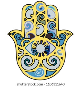 Icon khamsa in oriental style. Of the yellow-blue color. Jewish talisman and amulet.