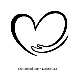 Icon of kindness and charity, Hand and heart. hand hug heart symbol Valentines day or love. Hand drawn graphic illustration boy and girl in love, love for nature, ecology