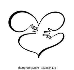 Icon of kindness and charity, Hands and heart. hands hug heart symbol Valentines day. Hand drawn graphic illustration boy and girl in love, love for nature, ecology