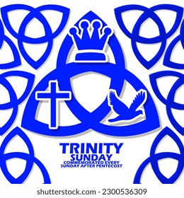 Icon of a king's crown, cross, bird and bold text on white background to commemorate Trinity Sunday on Sunday after Pentecost