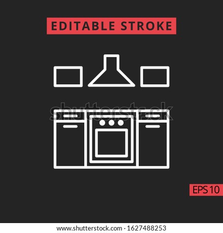 Icon kitchen, cook line, outline vector sign, linear style pictogram isolated on black. Furniture symbol, Editable Stroke. 48x48 pixel perfect.
