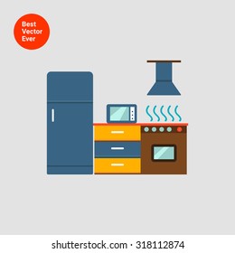 Icon of kitchen interior including fridge, cooker with oven and hood, cupboard, microwave