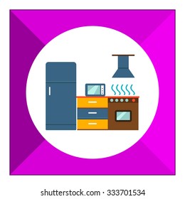 Icon of kitchen interior including fridge, cooker with oven and hood, cupboard, microwave