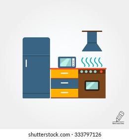 Icon of kitchen interior including fridge, cooker with oven and hood, cupboard, microwave