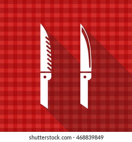 Icon of kitchen knives on red tablecloth texture with long shadow design 