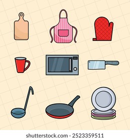 Ícone cozinha conjunto Doodle design 