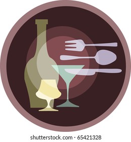 icon of kitchen silverware. glasses and forks on retro background