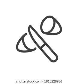 Icon of a knife cutting vegetables and fruits into two equal slices. Simple linear image. Isolated vector on a pure white background.