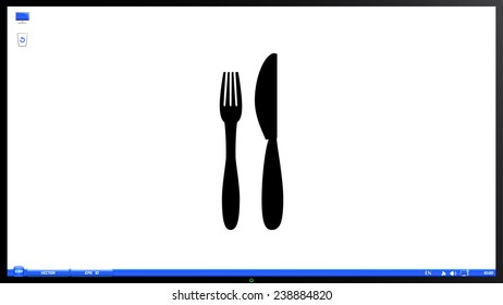 Icon of knife and fork. Icon cafe or restaurant on the screen monitor. Made vector illustration