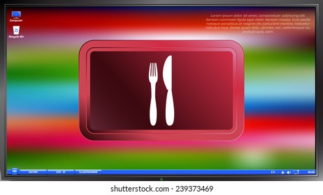 Icon of knife and fork. Icon cafe or restaurant on the screen monitor. Made vector illustration