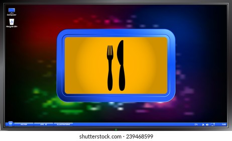 Icon of knife and fork. Icon cafe or restaurant on the screen monitor. Made vector illustration