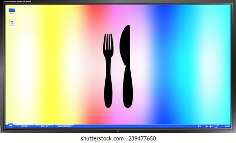 Icon of knife and fork. Icon cafe or restaurant on the screen monitor. Made vector illustration