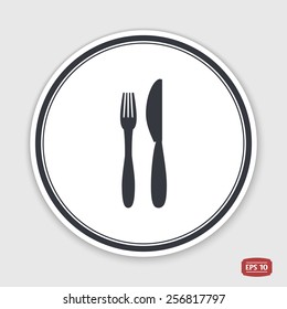 Icon of knife and fork. Icon cafe or restaurant. Flat design style. Made vector illustration. Emblem or label with shadow.