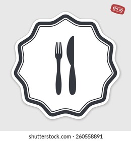Icon of knife and fork. Icon cafe or restaurant. Flat design style. Made vector illustration. Emblem or label with shadow.
