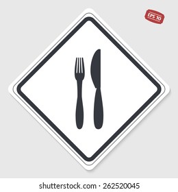 Icon of knife and fork. Icon cafe or restaurant. Flat design style. Made vector illustration. Emblem or label with shadow.