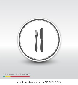 Icon of knife and fork. Icon cafe or restaurant. Flat design style. Made vector illustration. Emblem or label with shadow.