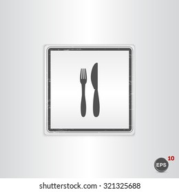 Icon of knife and fork. Icon cafe or restaurant. Flat design style. Made vector illustration. Emblem or label with shadow.