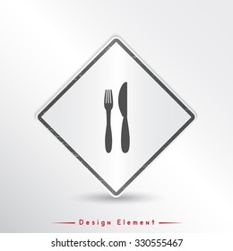 Icon of knife and fork. Icon cafe or restaurant. Flat design style. Made vector illustration. Emblem or label with shadow.