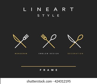 Icon Knife, Fork And Spoon. Logo Cutlery. Emblem Line Art  Design