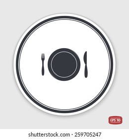 Icon knife, plates and forks. Cafe restaurant. Flat design style. Made vector illustrator. Emblem or label with shadow.