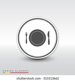 Icon knife, plates and forks. Cafe restaurant. Flat design style. Vector illustration. Emblem or label with shadow.
