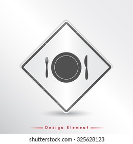 Icon knife, plates and forks. Cafe restaurant. Flat design style. Made vector illustrator. Emblem or label with shadow.