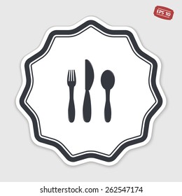 Icon knife, spoon and forks. Cafe restaurant. Flat design style. Made vector illustrator. Emblem or label with shadow.