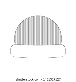 Icon of knitted winter hat. Black outline headwear with lines. Isolated element for web design, mobile app and any other purpose. Vector illustration in simple style.