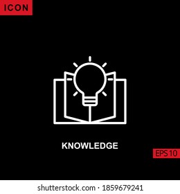 Icon knowledge with book and lamp vector on black background. Illustration line, linear, outline and lineal icon for graphic, print media interfaces and web design.