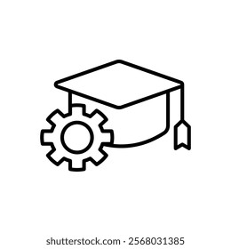 icon knowledge hat, Graduation cap and gear symbolize education journey, ideal for graduation announcements, academic presentations, and educational promotions.