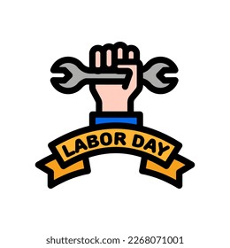 icon labor day with concept ribbon, labor rights, labor tools, helmet, worker. editable file, vector illustration.