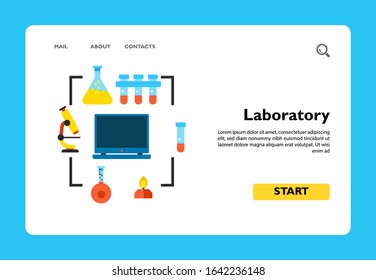 Icon of laboratory concept. Laptop, test tubes, laboratory equipments. GMO concept. Can be used for topics like science, chemistry or experiment
