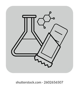 Icon of laboratory flask filled with liquid alongside wrapped protein bar. Concept of essence of nutrition and science, ideal for fitness contexts