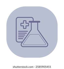 Icon of laboratory flask with liquid and health report beside it. Connection between health and scientific research concept