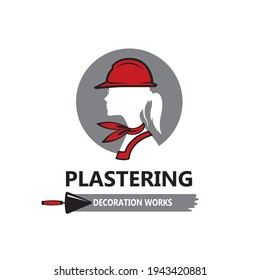 icon of lady plasterer in safety helmet with trowel isolated on white background
