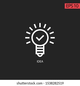 Icon lamp tick with line icon and background black. Concept Idea linear icon. Thin line illustration. Lamp with tick mark contour symbol. Vector isolated outline drawing.  