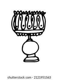 icon lamp under a lampshade on an oval with a pattern of wavy lines. Vector insulated table lamp with a pattern of lines and stripes drawn in a doodle style with a black outline on white for design 