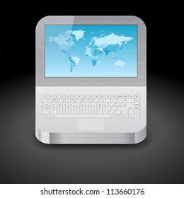 Icon for laptop with blue world map on display. Dark background. Vector saved as eps-10, file contains objects with transparency.