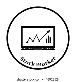 Icon of Laptop with chart. Thin circle design. Vector illustration.