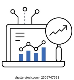 Ein Symbol eines Laptops mit Datenanalyse und maschinellen Lernkarten, die KI-gestützte Analysen, Datenwissenschaft und Vorhersagemodelle darstellen.