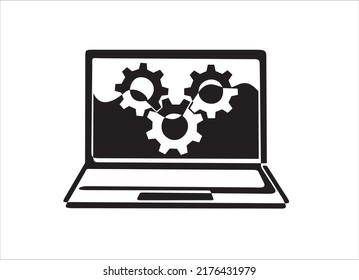 icon of laptop and gears, Adjusting app options, maintenance, repair, fixing monitor. 