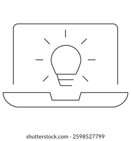 Icon of a laptop with a glowing light bulb on the screen, symbolizing innovation, creative ideas, and digital solutions. Vector pictogram with thin black lines. Line thickness is editable