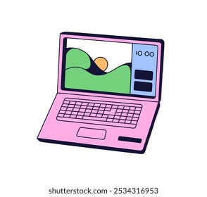 Icon of laptop in neo brutalism style. Portable computer with screen, keyboard and touchpad. Mobile pc for work. Equipment of workplace, desk workspace. Flat isolated vector illustration on white