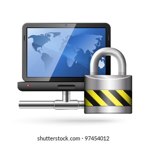 Icon of a laptop with a network connection and padlock. Vector Illustration