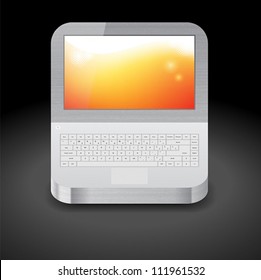 Icon for laptop with orange wallpaper on display. Dark background. Vector saved as eps-10, file contains objects with transparency.