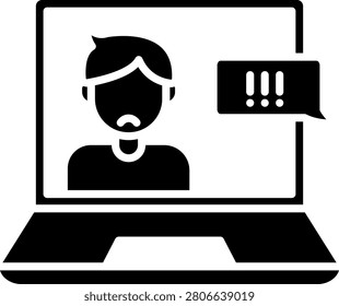 Icon of a laptop screen showing a person with an exclamation speech bubble representing online cyberbullying and digital harassment via computer