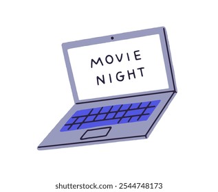 Icono del ordenador portátil para ver la película. Abra la computadora portátil para ver películas. Equipamiento moderno con pantalla, touchpad, teclado para divertirse en el ocio. Ilustración vectorial aislada plana sobre fondo blanco