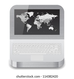Icon for laptop with world map on display. White background. Vector saved as eps-10, file contains objects with transparency.