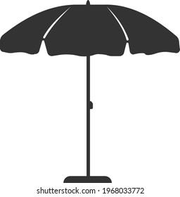 The icon of a large beach umbrella on the stand. Sun protection. Hot summer. Vacation. Vector image isolated on a white background. Flat icon in black style.